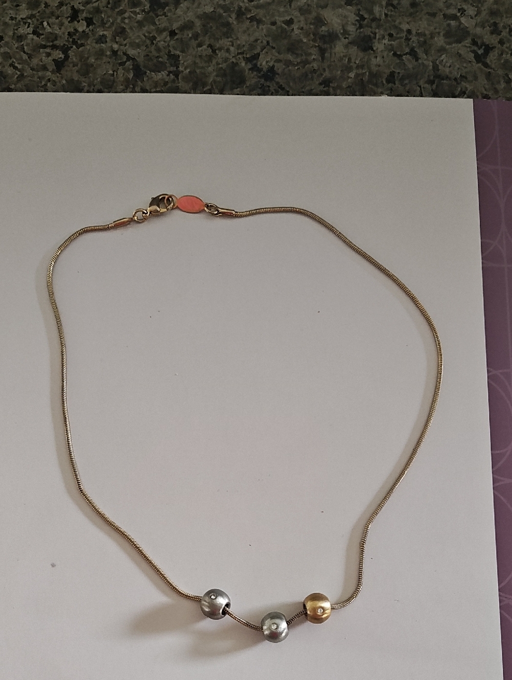 Gold Tone Necklace with Silver and Gold Beads - Coral Accent